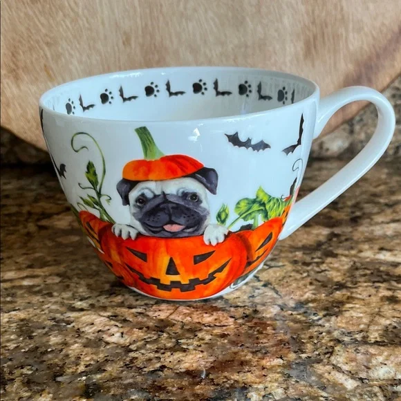 Portobello By Design Bone China Pug Pumpkin Coffee Mug - Picture 1 of 9